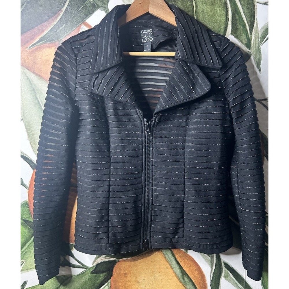 Clara Sun Woo XS Zip up Semi Sheer Ribbed Striped Long‎ Sleeve Top Black